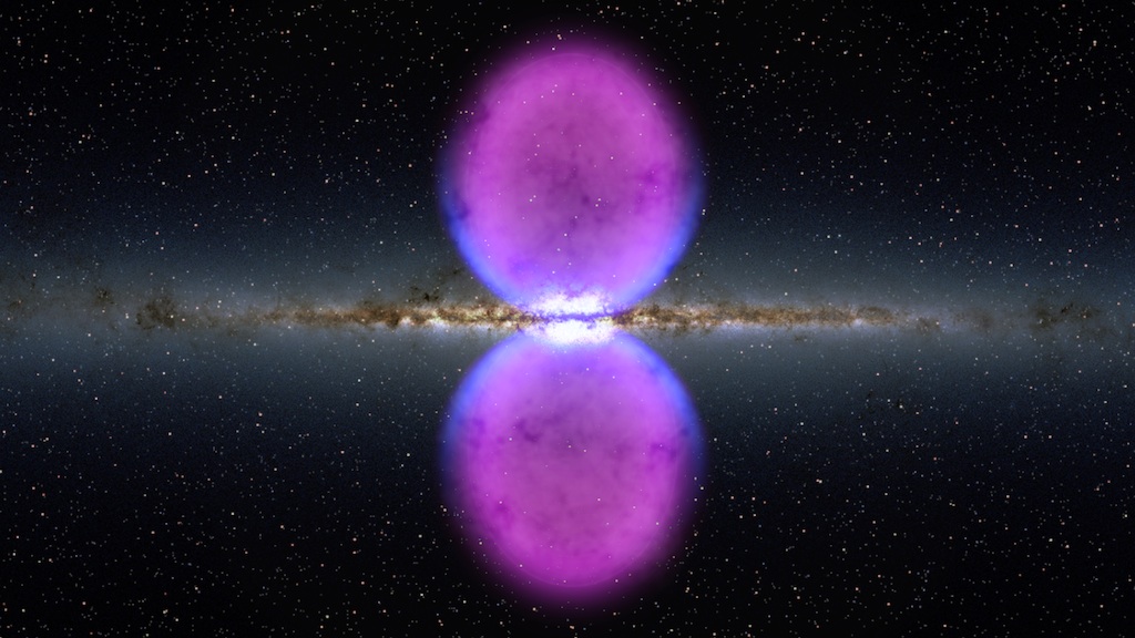 On the dark background with white dots, the blurred brown line with a halo divides the image horizontally. Two purple ovals are placed below and above the center of the line. Where the ovals touch, the brown line glows white. The outer edges of the ovals near the brown line glow blue.
